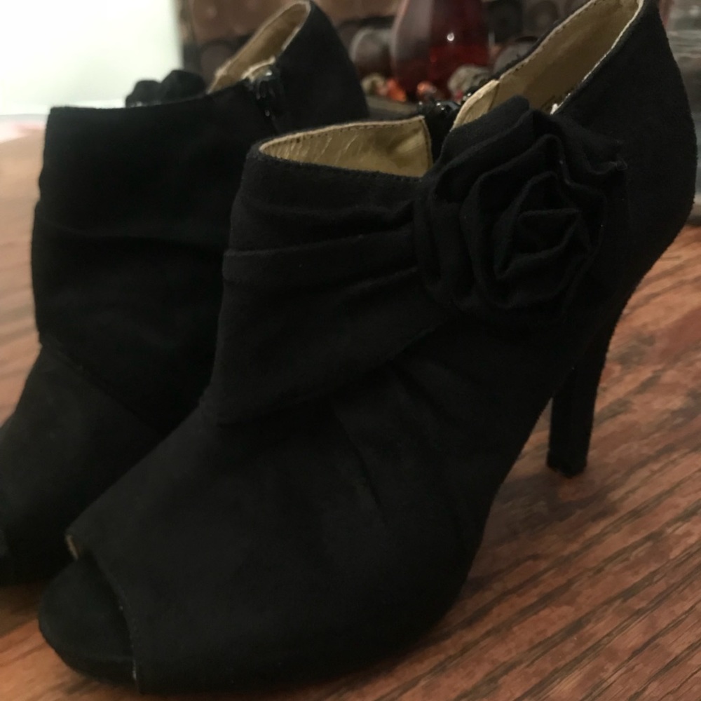 Black Peeptoe Booties with Flower Detail